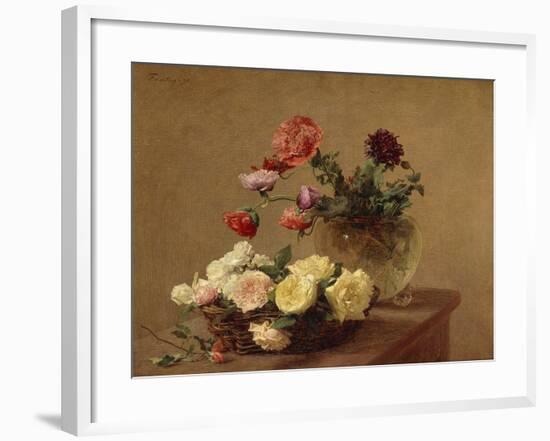 Poppies in a Crystal Vase and Roses in a Basket-Henri Fantin-Latour-Framed Giclee Print