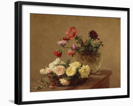 Poppies in a Crystal Vase and Roses in a Basket-Henri Fantin-Latour-Framed Giclee Print