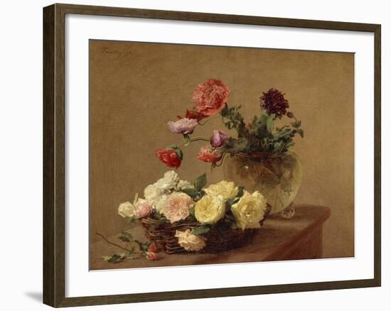 Poppies in a Crystal Vase and Roses in a Basket-Henri Fantin-Latour-Framed Giclee Print