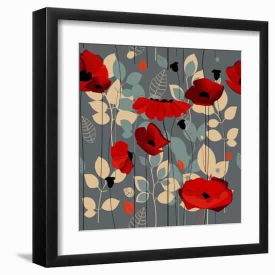 Poppy Flowers Seamless Pattern over Grey-Danussa-Framed Art Print