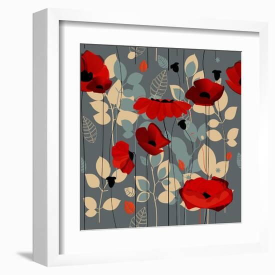 Poppy Flowers Seamless Pattern over Grey-Danussa-Framed Art Print