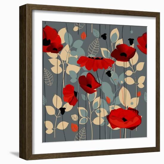 Poppy Flowers Seamless Pattern over Grey-Danussa-Framed Art Print