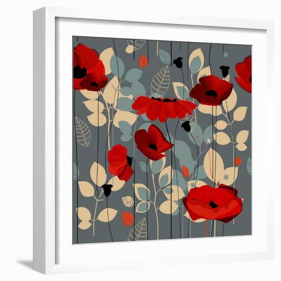 Poppy Flowers Seamless Pattern over Grey-Danussa-Framed Art Print