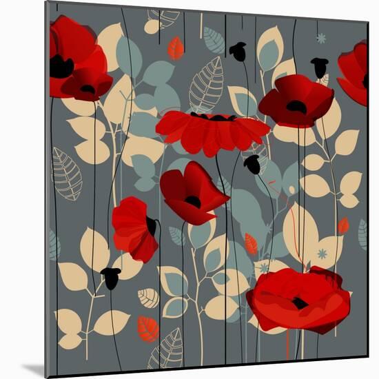 Poppy Flowers Seamless Pattern over Grey-Danussa-Mounted Art Print