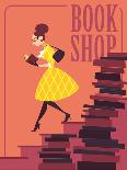 Vector illustration of bookstore, books shop, library. Retro poster design. Girl reading a book.-Porcelain White-Art Print