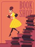 Vector illustration of bookstore, books shop, library. Retro poster design. Girl reading a book.-Porcelain White-Framed Art Print