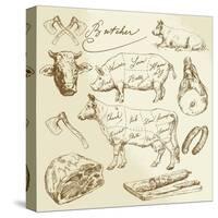 Pork and Beef Cuts - Hand Drawn Set-canicula-Stretched Canvas