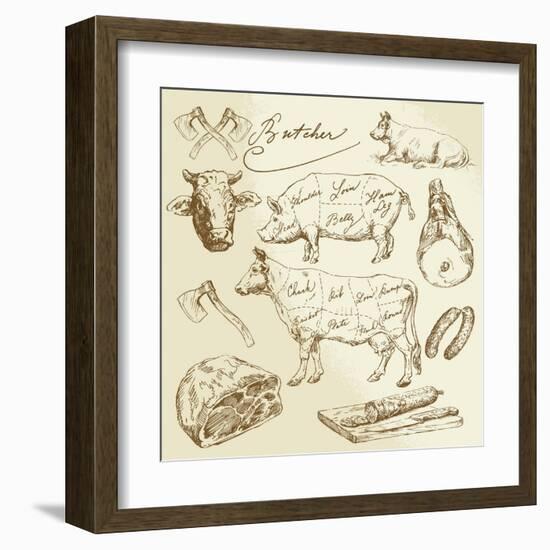 Pork and Beef Cuts - Hand Drawn Set-canicula-Framed Art Print