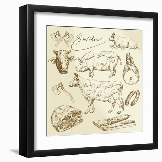 Pork and Beef Cuts - Hand Drawn Set-canicula-Framed Art Print