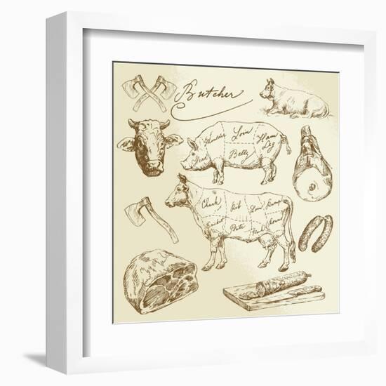 Pork and Beef Cuts - Hand Drawn Set-canicula-Framed Art Print