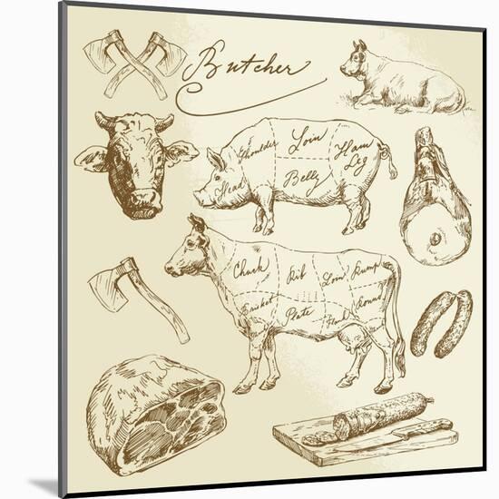 Pork and Beef Cuts - Hand Drawn Set-canicula-Mounted Art Print