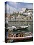Port Barges on Douro River, with City Beyond, Oporto (Porto), Portugal-Upperhall-Stretched Canvas