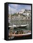 Port Barges on Douro River, with City Beyond, Oporto (Porto), Portugal-Upperhall-Framed Stretched Canvas