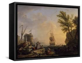 Port de mer au soleil couchant-Claude Joseph Vernet-Framed Stretched Canvas