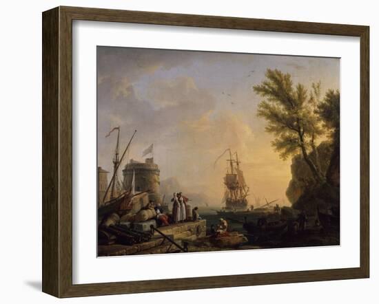Port de mer au soleil couchant-Claude Joseph Vernet-Framed Giclee Print