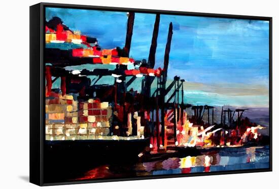 Port of Hamburg with Container Ship-Markus Bleichner-Framed Stretched Canvas