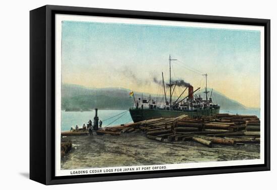 Port Orford, Oregon - Logging Ship Loading Cedar Logs for Japan-Lantern Press-Framed Stretched Canvas