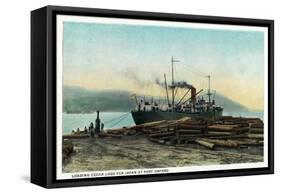 Port Orford, Oregon - Logging Ship Loading Cedar Logs for Japan-Lantern Press-Framed Stretched Canvas