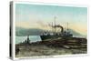 Port Orford, Oregon - Logging Ship Loading Cedar Logs for Japan-Lantern Press-Stretched Canvas