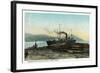 Port Orford, Oregon - Logging Ship Loading Cedar Logs for Japan-Lantern Press-Framed Art Print