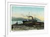 Port Orford, Oregon - Logging Ship Loading Cedar Logs for Japan-Lantern Press-Framed Premium Giclee Print