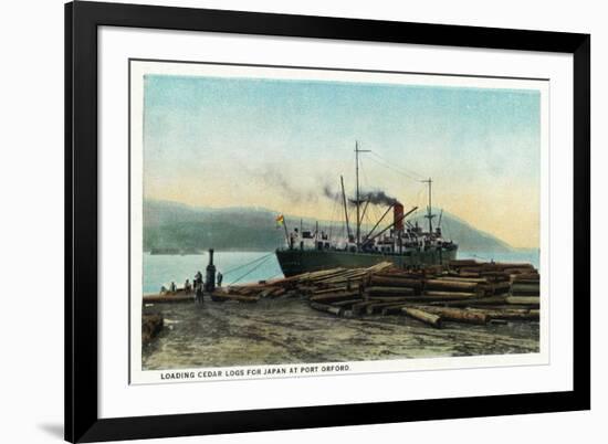 Port Orford, Oregon - Logging Ship Loading Cedar Logs for Japan-Lantern Press-Framed Premium Giclee Print