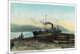 Port Orford, Oregon - Logging Ship Loading Cedar Logs for Japan-Lantern Press-Mounted Premium Giclee Print