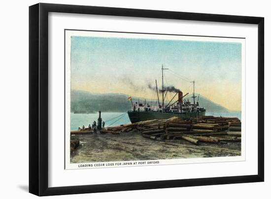 Port Orford, Oregon - Logging Ship Loading Cedar Logs for Japan-Lantern Press-Framed Art Print