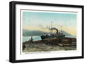 Port Orford, Oregon - Logging Ship Loading Cedar Logs for Japan-Lantern Press-Framed Art Print