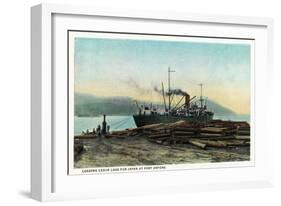 Port Orford, Oregon - Logging Ship Loading Cedar Logs for Japan-Lantern Press-Framed Art Print