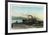 Port Orford, Oregon - Logging Ship Loading Cedar Logs for Japan-Lantern Press-Framed Art Print