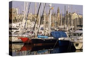 Port Vell (Old Port) and Old City Behind, Barcelona, Catalonia, Spain-Charles Bowman-Stretched Canvas