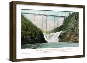 Portage, New York - Letchworth Park, View of Upper Falls and the Bridge-Lantern Press-Framed Art Print