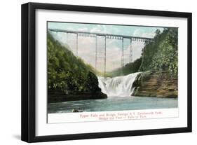 Portage, New York - Letchworth Park, View of Upper Falls and the Bridge-Lantern Press-Framed Art Print