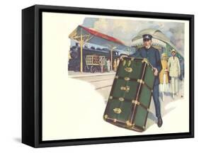 Porter with Large Steamer Trunk-null-Framed Stretched Canvas