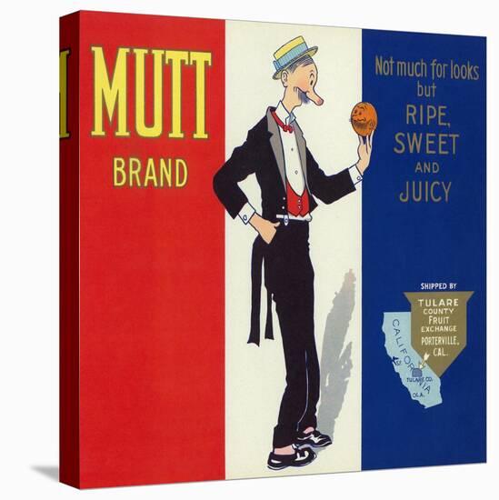 Porterville, California, Mutt Brand Citrus Label-Lantern Press-Stretched Canvas