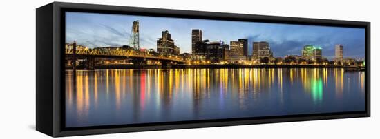 Portland Downtown along Willamette River at Blue Hour-jpldesigns-Framed Stretched Canvas