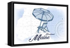 Portland, Maine - Beach Chair and Umbrella - Blue - Coastal Icon-Lantern Press-Framed Stretched Canvas