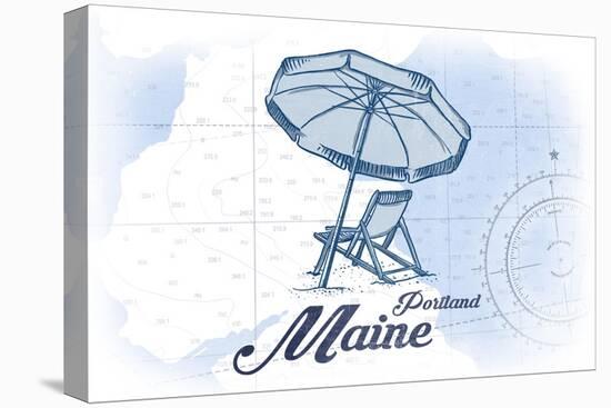 Portland, Maine - Beach Chair and Umbrella - Blue - Coastal Icon-Lantern Press-Stretched Canvas