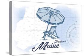 Portland, Maine - Beach Chair and Umbrella - Blue - Coastal Icon-Lantern Press-Stretched Canvas