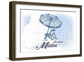 Portland, Maine - Beach Chair and Umbrella - Blue - Coastal Icon-Lantern Press-Framed Art Print