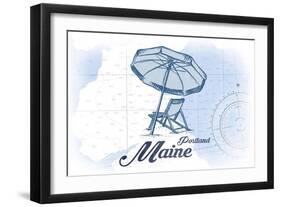 Portland, Maine - Beach Chair and Umbrella - Blue - Coastal Icon-Lantern Press-Framed Art Print