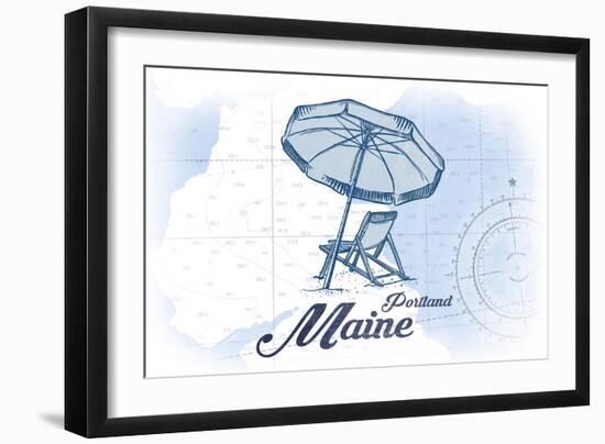 Portland, Maine - Beach Chair and Umbrella - Blue - Coastal Icon-Lantern Press-Framed Art Print