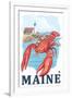 Portland, Maine - Lobster and Portland Lighthouse Scene-Lantern Press-Framed Art Print