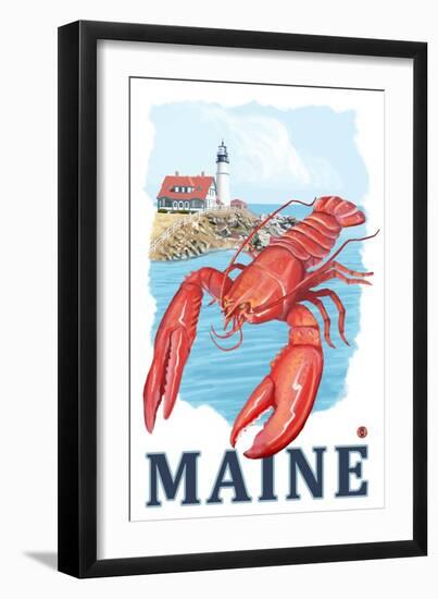 Portland, Maine - Lobster and Portland Lighthouse Scene-Lantern Press-Framed Art Print