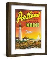 Portland, Maine - The Playground Metropolis, View of a Plane and Lighthouse-Lantern Press-Framed Art Print