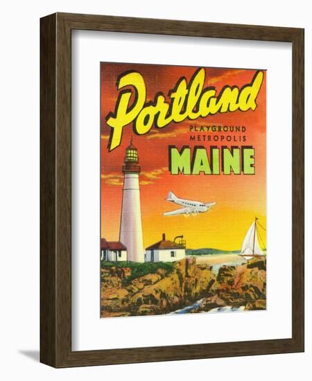 Portland, Maine - The Playground Metropolis, View of a Plane and Lighthouse-Lantern Press-Framed Art Print