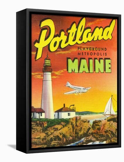 Portland, Maine - The Playground Metropolis, View of a Plane and Lighthouse-Lantern Press-Framed Stretched Canvas