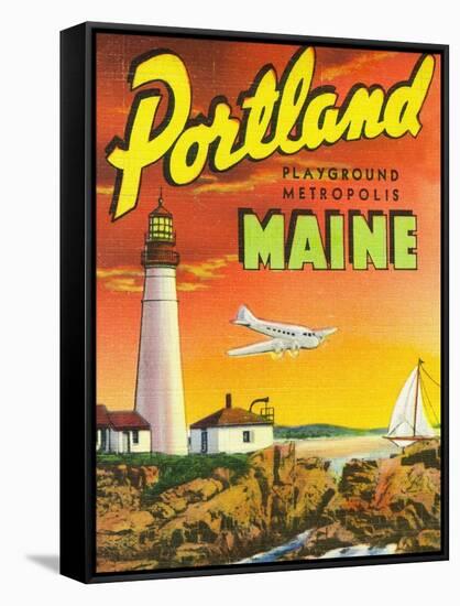 Portland, Maine - The Playground Metropolis, View of a Plane and Lighthouse-Lantern Press-Framed Stretched Canvas