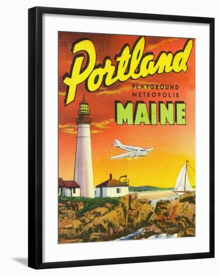 Portland, Maine - The Playground Metropolis, View of a Plane and Lighthouse-Lantern Press-Framed Art Print